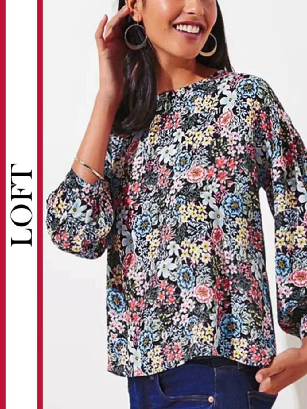 LOFT | 'Floral Bouquet' Mixed Media Blouse Top